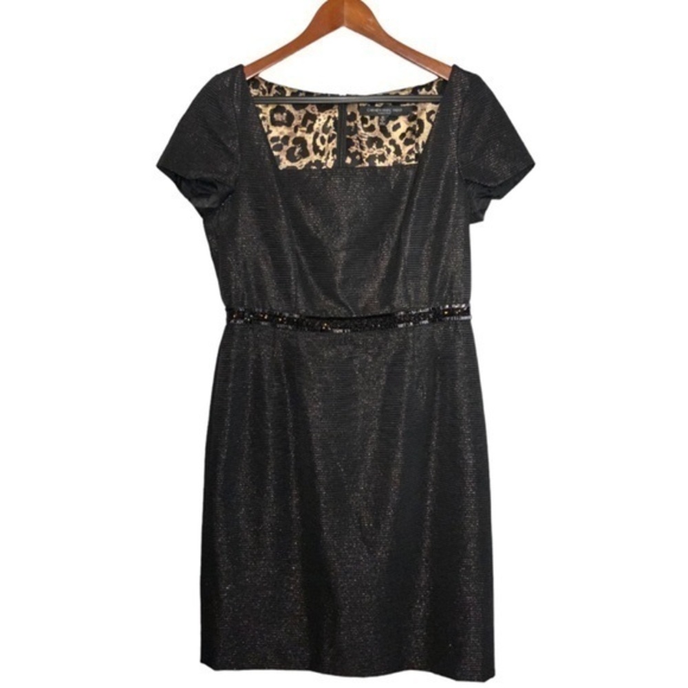 Carmen Marc Valvo Black Ribbed Metallic Square Neck Cap Sleeve Short Dress Sz 10